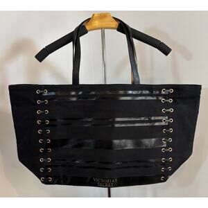 Victoria’s Secret Black Large Tote Bag Corset Lace Grommet Canvas Zip Top